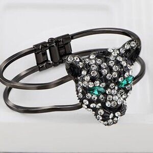 Neiman Marcus Rhinestone Black Enamel Jaguar Bangle Bracelet